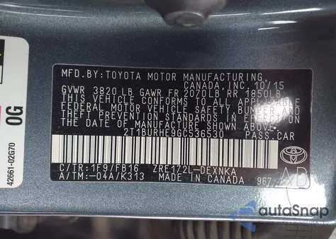 2016 Toyota Corolla Le из США, поврежденный, VIN 2T1BURHE9GC536530